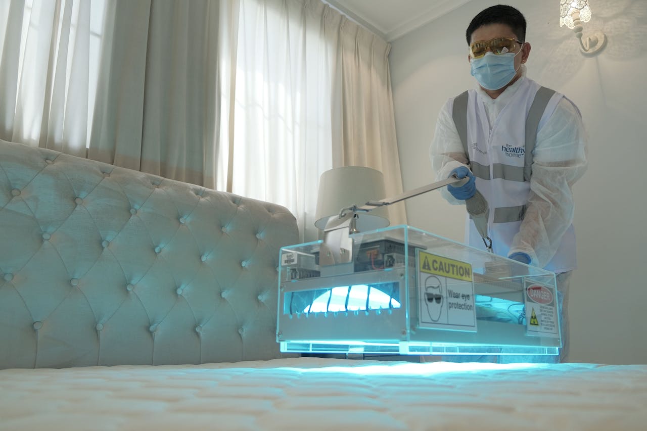 services-02 Technician sanitizing hotel room bed with UV light for safe and clean environment.